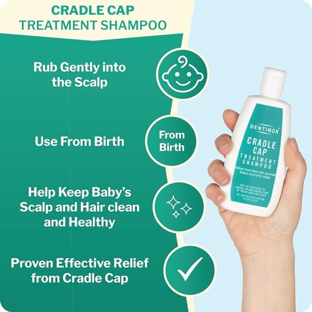 Dentinox Cradle Cap Treatment Shampoo for Babies, 125 milliliters Bundled With Alimos Baby Bath Silicone Brush & Fine Tooth Comb