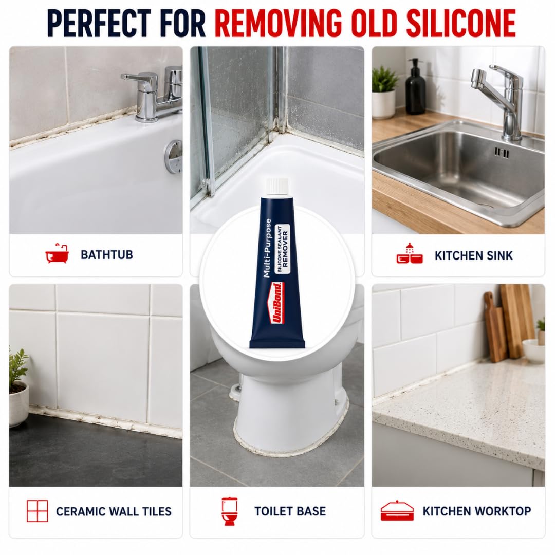 UniBond Silicone Sealant Remover 80ml Kit – Heavy-Duty Gel Tube with Silicone Removal Tool & White Cloth – Removes Old Sealant from Baths, Tiles, Kitchens, Sinks & Toilets (3-Piece Bundle)
