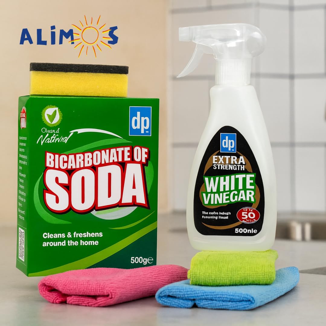 Bicarbonate of soda for Cleaning & White Vinegar for Cleaning (Baking Soda for cleaning),White Vinegar Spray Bundled with Alimos Microfibre Cloths and Sponge