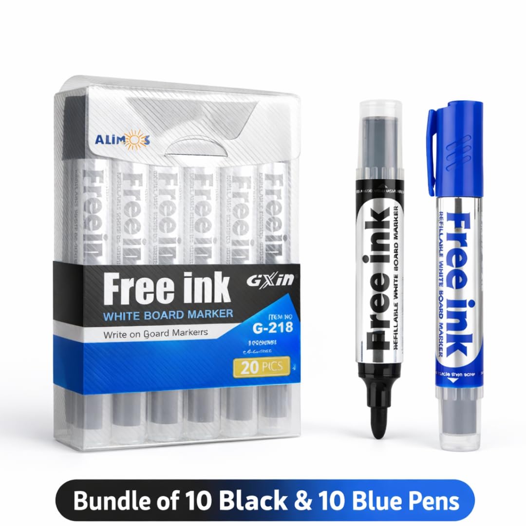 Alimos Whiteboard Marker Set, 20 Pens, 3mm Round Tips, Refillable, High Performance Ink, Writes on Glass & Whiteboards (Black and Blue)