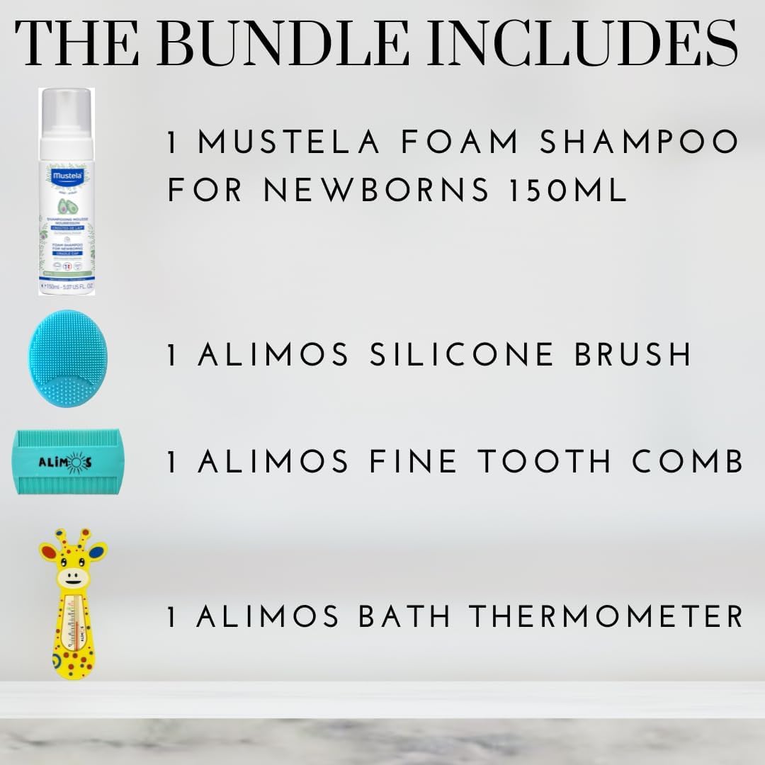 Alimos Baby Bath Silicone Brush & Fine Tooth Comb and Bath Thermometer to Work with Mustela Cradle Cap Foam Shampoo for Newborns 150ml