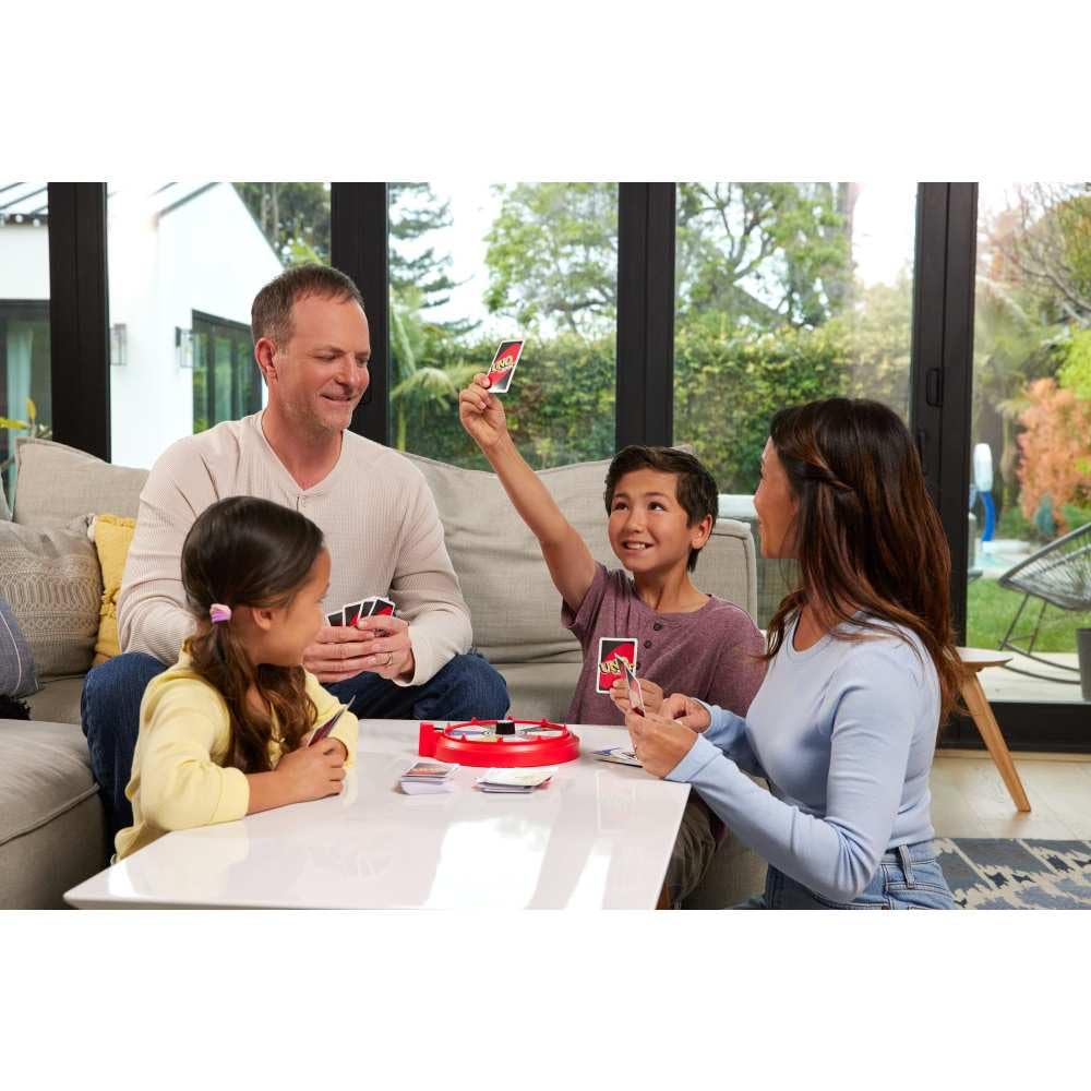 Mattel Games UNO Spin Card Game for Kid, Adult & Family Nights, Classic Play with Toy Spinner, New Challenges & Rules, Rainy Day Activity, JGR00
