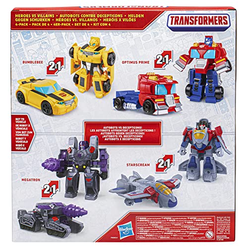 Transformers Toys Heroes vs Villains 4-Pack, Autobot and Decepticon 11-cm Action Figures, Preschool Robot Toys for Children Aged 3 and Up