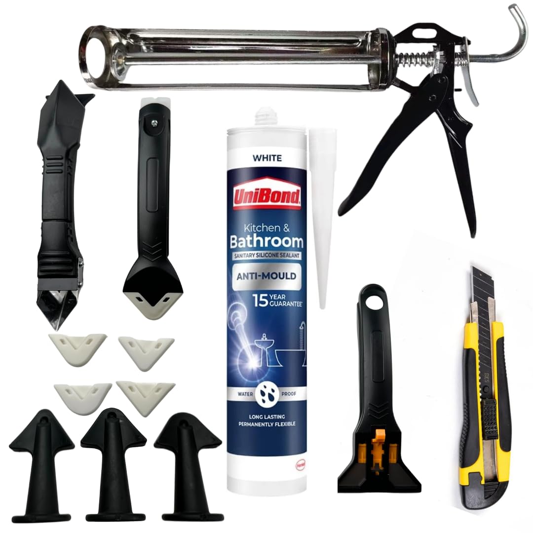 Sealant Application Bundle To Work With UniBond Anti-Mould Kitchen & Bathroom Sealant Includes Silicone Finishing Tool (3-in-1), Smoothing Kit & Precision Caulking Gun