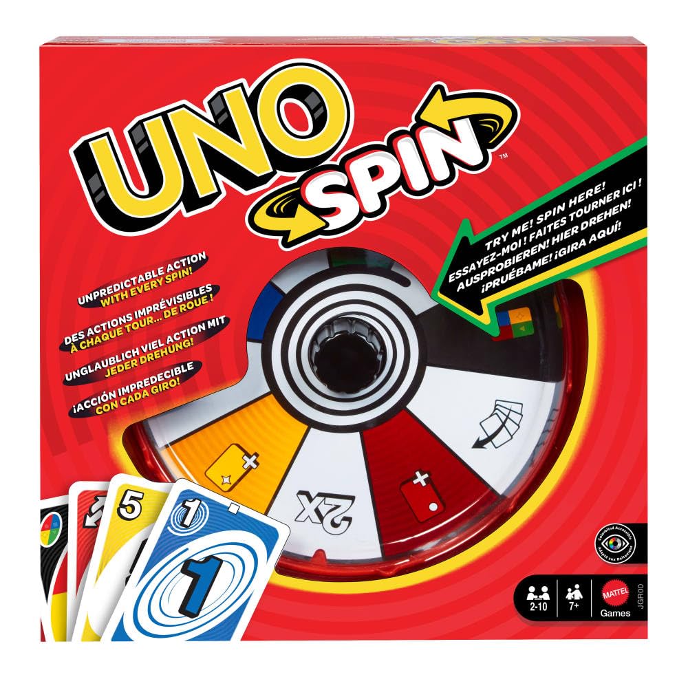 Mattel Games UNO Spin Card Game for Kid, Adult & Family Nights, Classic Play with Toy Spinner, New Challenges & Rules, Rainy Day Activity, JGR00