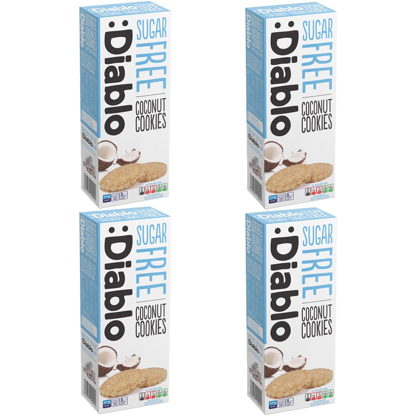 Diablo Sugar Free Cookies, Coconut – Low Sugar Snacks, Cookies Biscuits for All, Sweetened with Maltitol, Ideal for Gifting, Festive Hampers, Holiday Events & Special Occasions – 150g Pack of 4