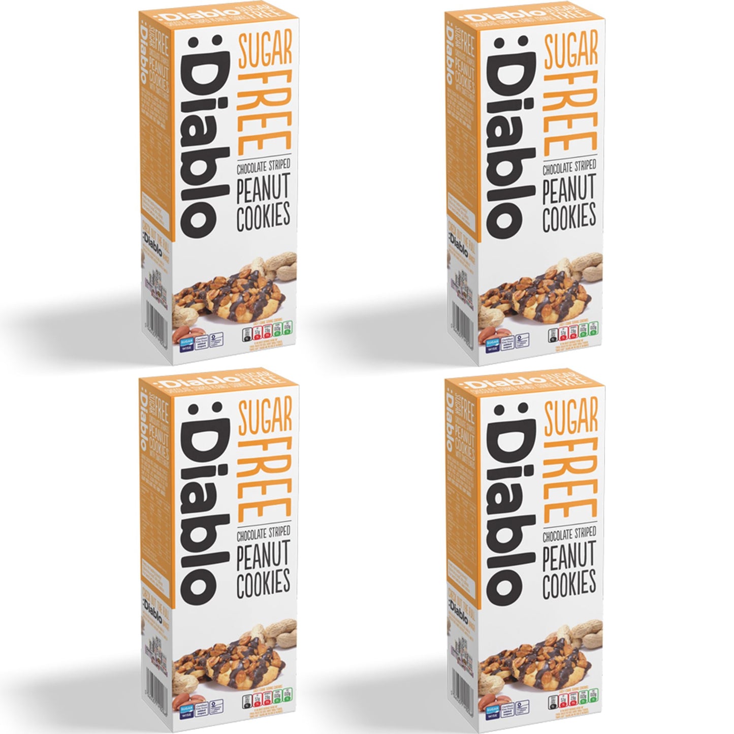 Diablo Sugar Free Cookies – Chocolate Striped Peanut Cookies Biscuits for All, Low Sugar Snacks, Sweetened with Maltitol, Ideal for Gifting, Festive Hampers, Holiday Events & Birthday – 150g Pack of 4