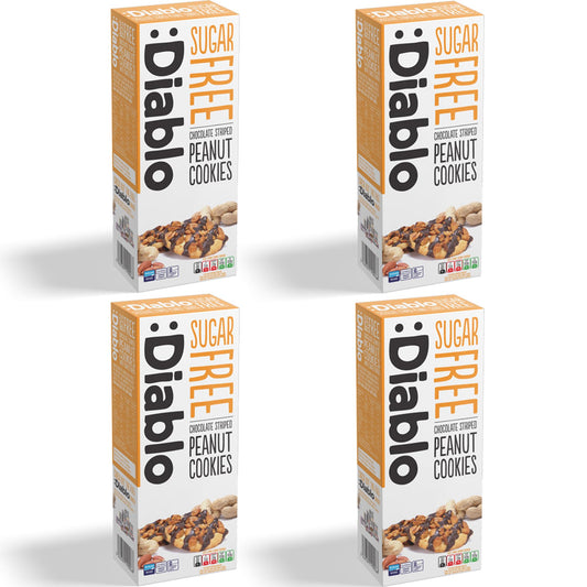 Diablo Sugar Free Cookies – Chocolate Striped Peanut Cookies Biscuits for All, Low Sugar Snacks, Sweetened with Maltitol, Ideal for Gifting, Festive Hampers, Holiday Events & Birthday – 150g Pack of 4