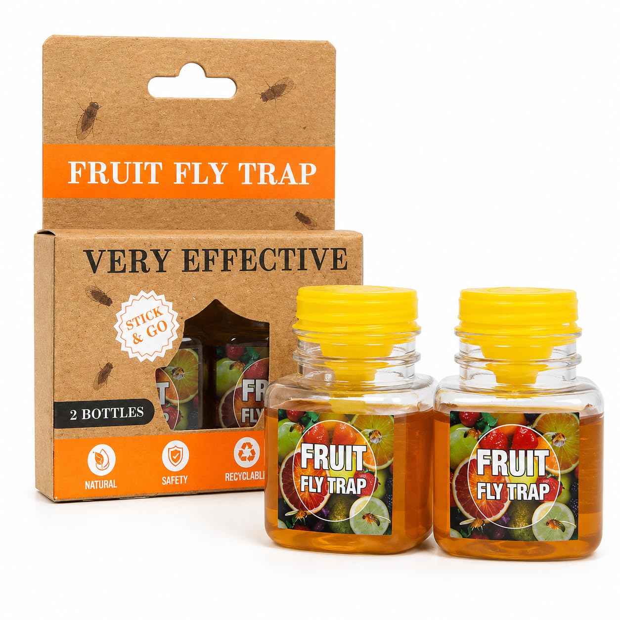 Alimos Fruit Fly Trap for Indoors, 2 Pack Fruit Fly Killer for Home and Kitchen, Natural Bait Fruit Fly Catcher, Up to 3 Weeks per Bottle, Child and Pet Friendly Indoor Fruit Fly Traps