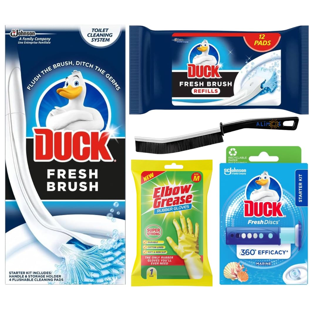 Toilet Duck & Duck Fresh Discs Cleaning Bundle – Toilet Duck Fresh Brush with Holder, Starter Kit, Extra Refill Pack (12 Pads), Duck Fresh Discs Blue Toilet Cleaner Starter And Medium Ruber Gloves