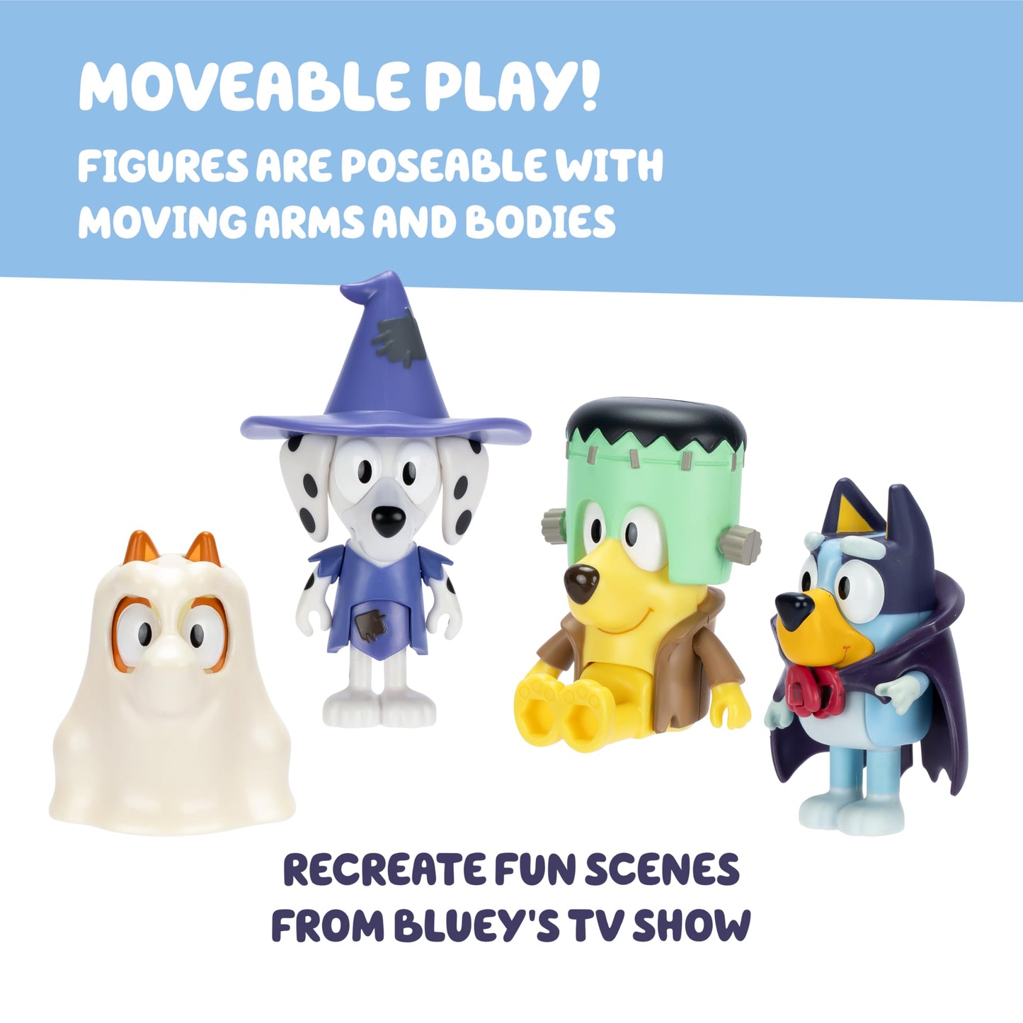 Bluey Figure 4-Packs, Halloween, 2.5 Inch Poseable Figures of Bluey, Bingo, Chloe and Lucky Dressed In Halloween Costumes, With Accessories
