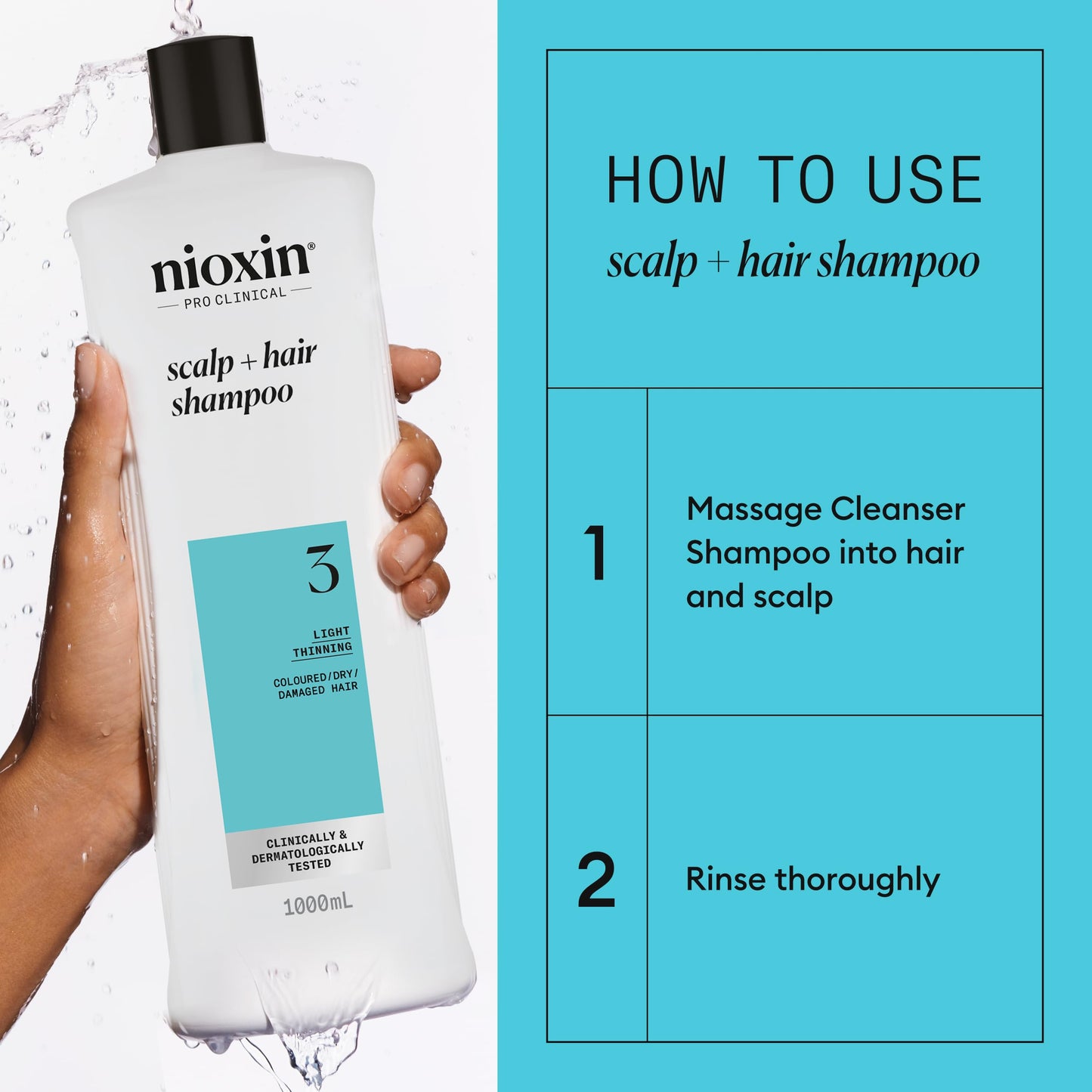 Nioxin System 3 Scalp + Hair Shampoo - Hair Thickening Shampoo For Coloured, Dry and Damaged Hair with Light Thinning - with Biotin & Niacinamide, 1L