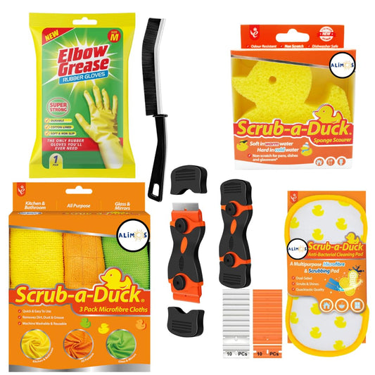 Alimos 6 Piece Cleaning Kit Bundle – Crevice Brush, Non Scratch Sponge Scourer, 3 Microfibre Cloths, Plastic Scraper Tool, Medium Cleaning Gloves & Anti Bacterial Pad