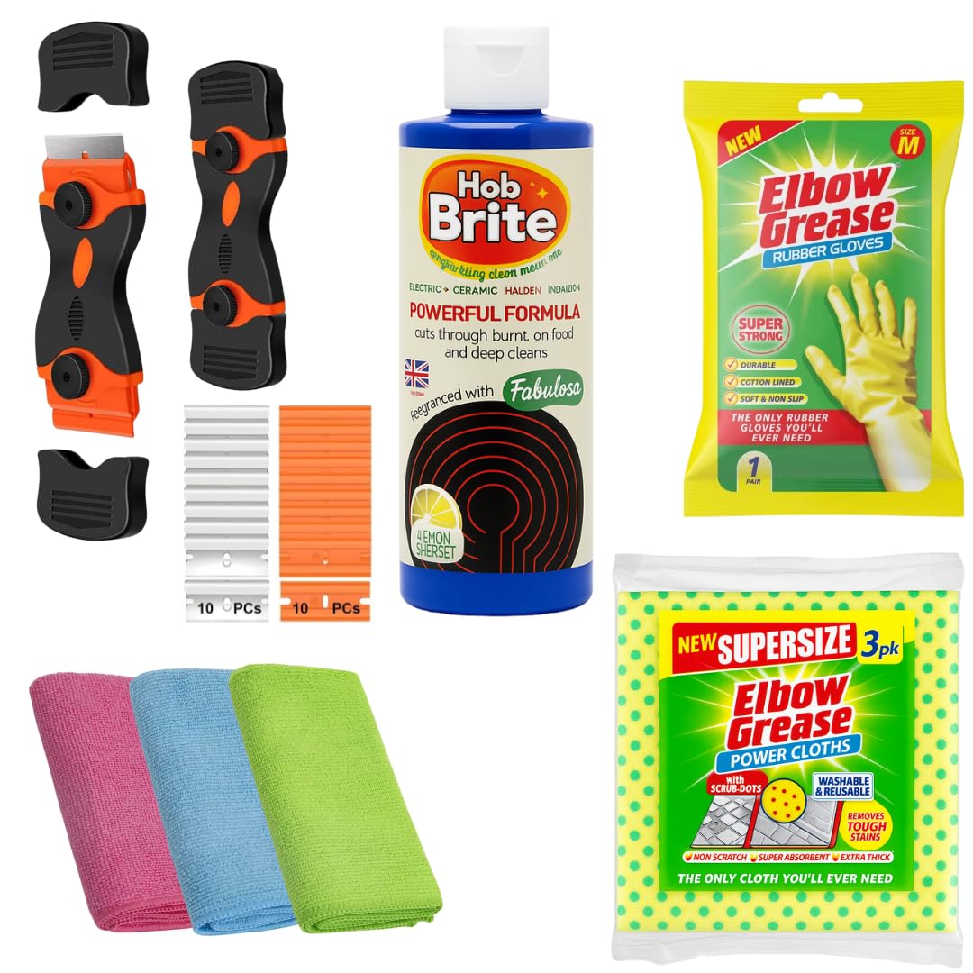 Complete Hob & Kitchen Cleaning Kit – Hob Brite Cleaner, Elbow Grease Cloths (3pk), Precision Scraper with Interchangeable Edges, 3 Microfibre Cloths & Gloves – Non-Scratch, Induction & Ceramic Safe