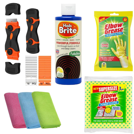 Complete Hob & Kitchen Cleaning Kit – Hob Brite Cleaner, Elbow Grease Cloths (3pk), Precision Scraper with Interchangeable Edges, 3 Microfibre Cloths & Gloves – Non-Scratch, Induction & Ceramic Safe
