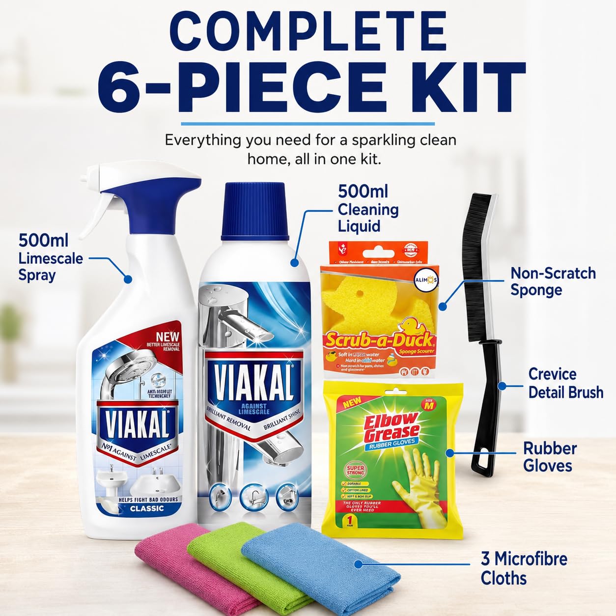 Limescale Remover Bundle - Spray 500ml & Cleaning Liquid 500ml with Crevice Detail Brush, Non-Scratch Scrub Sponge, Rubber Gloves & 3 Microfibre Cloths - Bathroom Taps Shower Tile Descaler Set