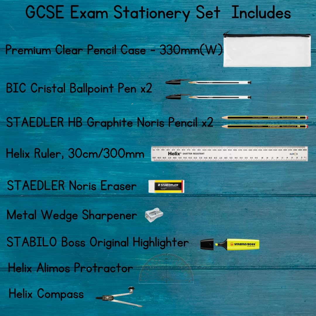 Alimos GCSE Complete Exam Stationery Bundle Set Bundled With Bic Pens, Geometry Set & Clear Exam Pencil Case