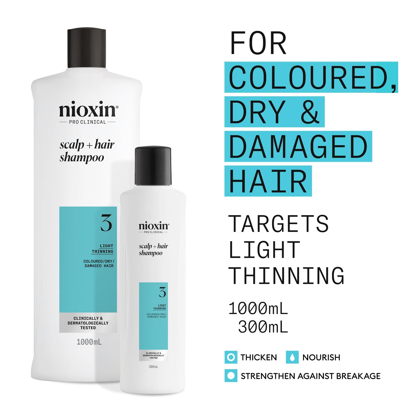Nioxin System 3 Scalp + Hair Shampoo - Hair Thickening Shampoo For Coloured, Dry and Damaged Hair with Light Thinning - with Biotin & Niacinamide, 1L