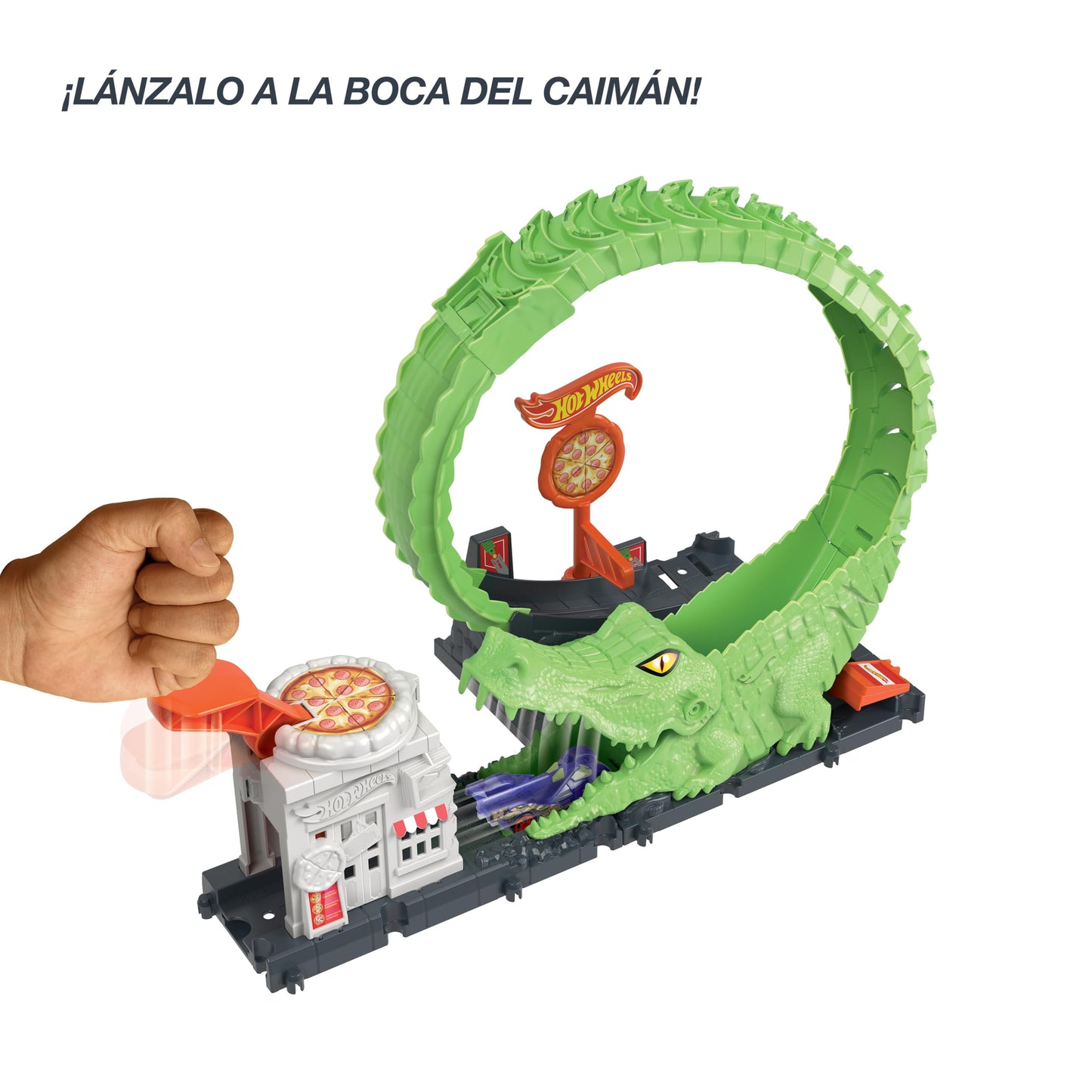 Hot Wheels Track Set with 1 Hot Wheels Car, Adjustable Track that Connects to Other Sets, Gator Loop Pizza Place Playset, HKX39