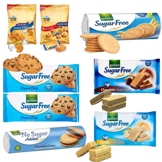 Sugar Free Gullon Biscuits Mixed Variety Selection Diabectic friendly Pack (6 Pack) Choco Chip, Maria, Chocolate & Vanilla Wafer And Butter Candies & Creamy Toffies