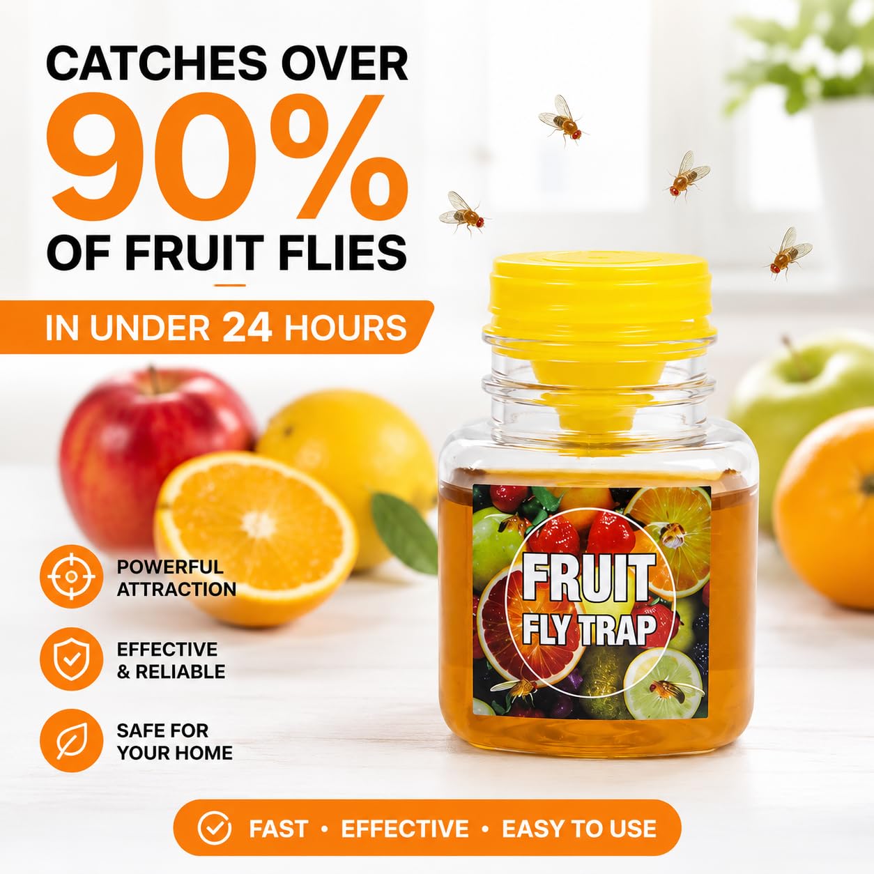 Alimos Fruit Fly Trap for Indoors, 2 Pack Fruit Fly Killer for Home and Kitchen, Natural Bait Fruit Fly Catcher, Up to 3 Weeks per Bottle, Child and Pet Friendly Indoor Fruit Fly Traps