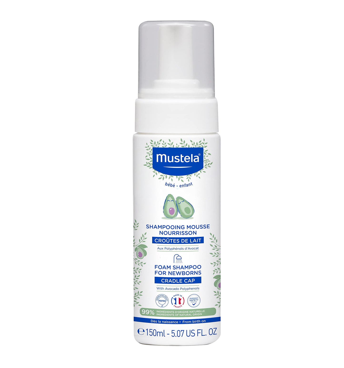Mustela - Foam Shampoo for Newborns – Tear-Free Baby Shampoo with 99% Natural Ingredients and Avocado Polyphenol – Limits Cradle Cap and Soothes the Scalp – Gentle Hair Care Formula – 150ml