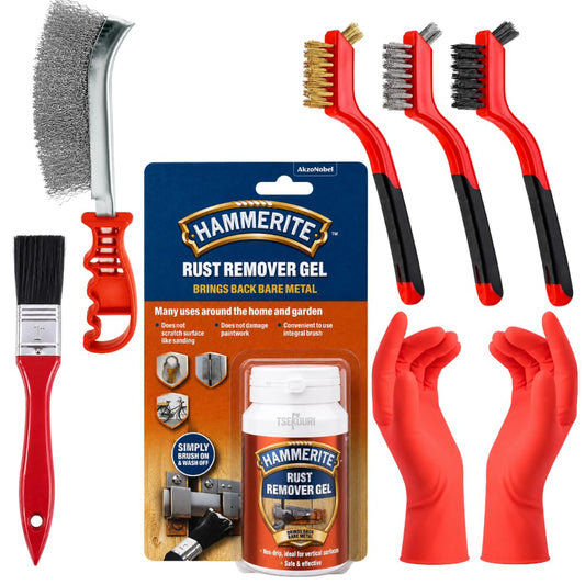 Tsekouri Rust Remover Kit for Metal – 100ml Hammerite Rust Remover Gel, 4 Wire Brushes (Steel, Brass, Nylon), Paint Brush & 2 Pairs Gloves – Rust Treatment for Cars, Bikes, BBQ, Chrome & Gates