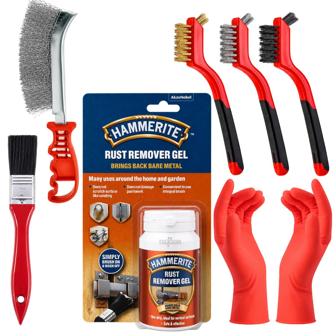 Tsekouri Rust Remover Kit for Metal – 100ml Hammerite Rust Remover Gel, 4 Wire Brushes (Steel, Brass, Nylon), Paint Brush & 2 Pairs Gloves – Rust Treatment for Cars, Bikes, BBQ, Chrome & Gates