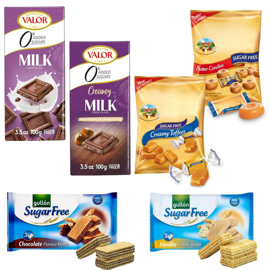Alimos Sugar Free Biscuits & Sweets Gift Pack – 6 Pack – Diabetic Friendly Shortbread, Chocolate & Vanilla Wafers & Sugar Free Milk Chocolate Bars