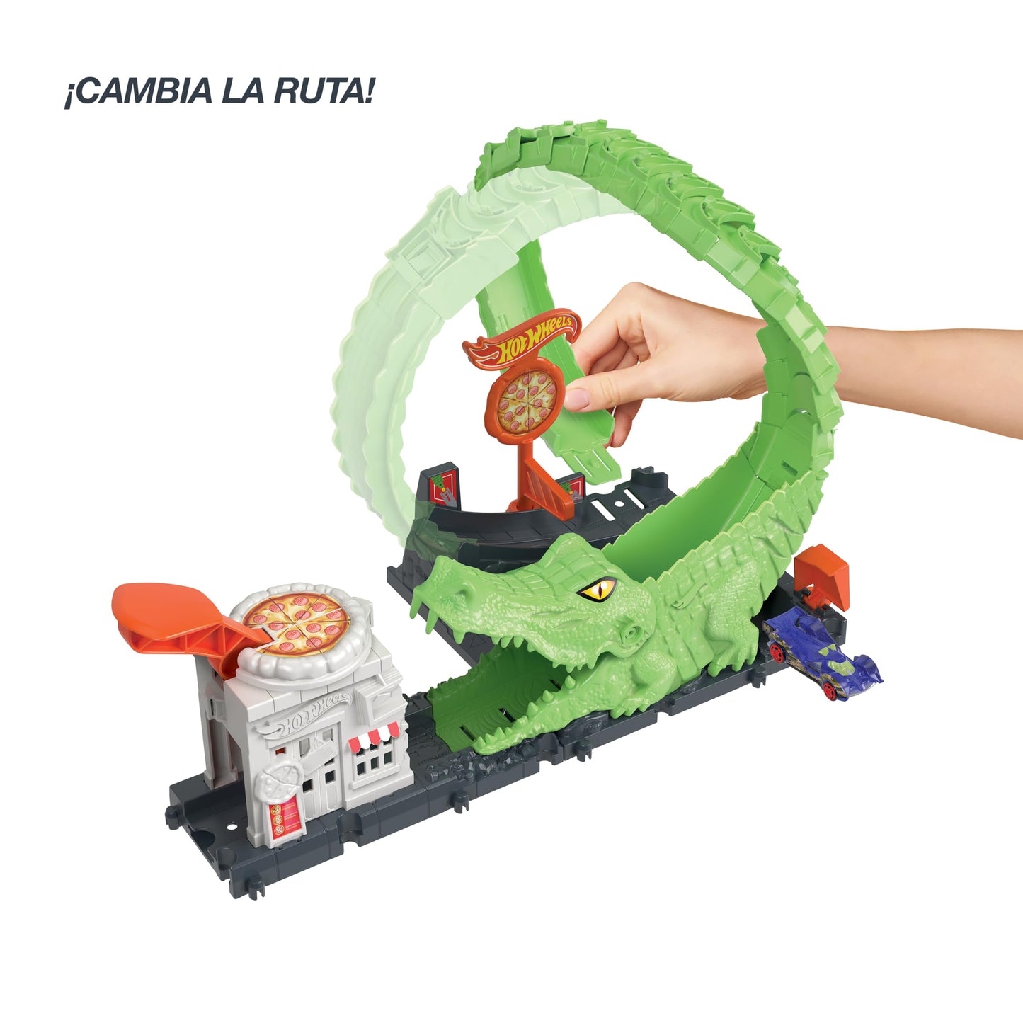 Hot Wheels Track Set with 1 Hot Wheels Car, Adjustable Track that Connects to Other Sets, Gator Loop Pizza Place Playset, HKX39