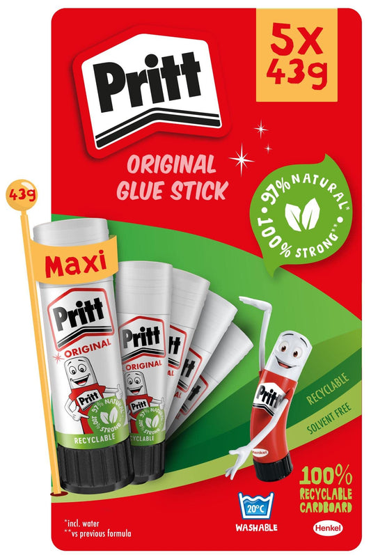 Pritt Glue Stick, (Pack of 5 x 43g) Safe & Child-Friendly Craft Glue for Arts & Crafts Activities, Strong-Hold adhesive for School & Office Supplies, Pritt Stick