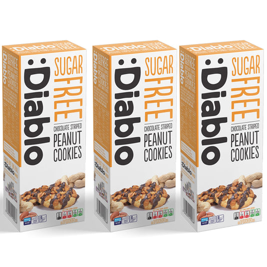 Diablo Sugar Free Cookies – Chocolate Striped Peanut Cookies Biscuits for All, Low Sugar Snacks, Sweetened with Maltitol, Ideal for Gifting, Festive Hampers, Holiday Events & Birthday – 150g Pack of 3