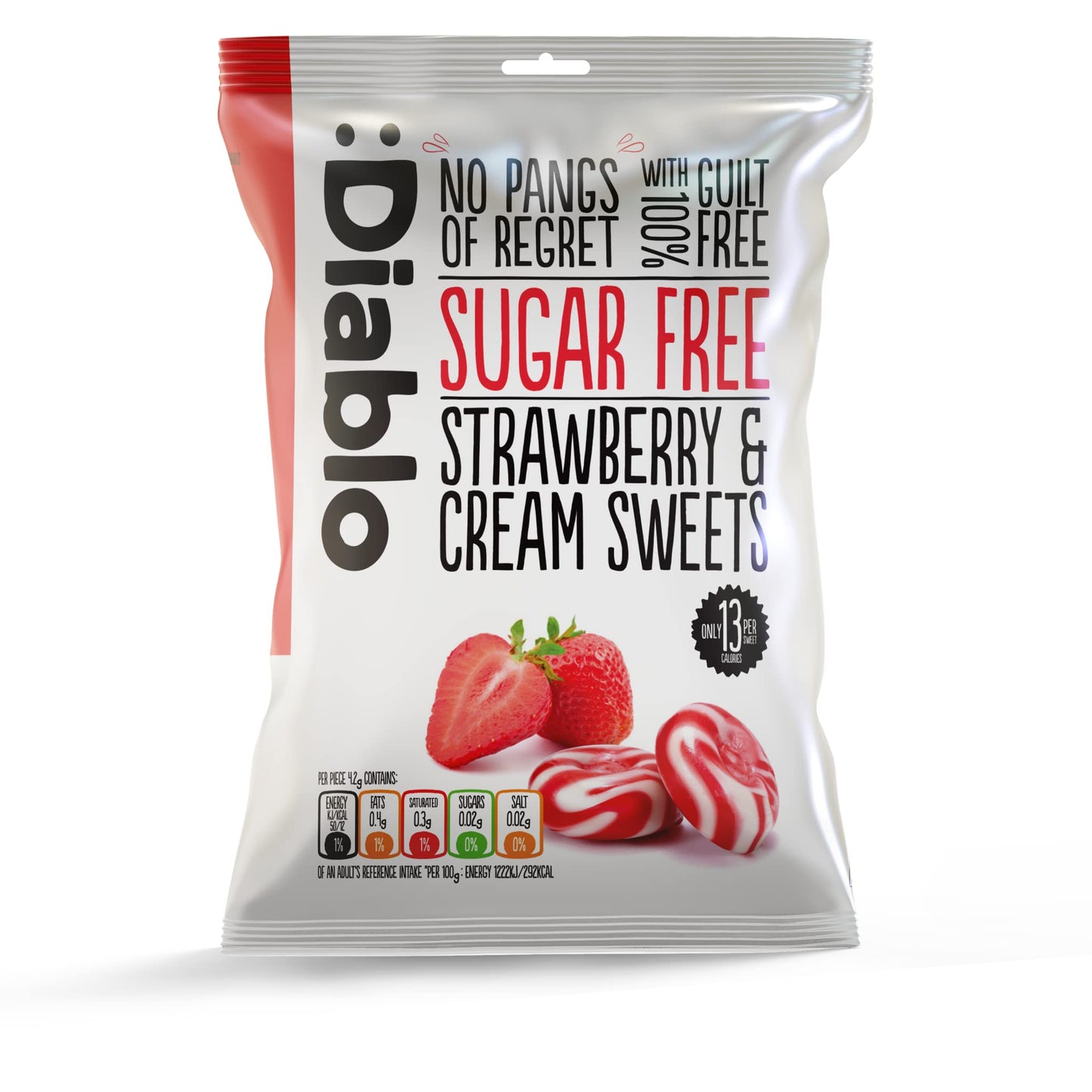 Diablo Strawberry & Cream Sweets |Sugar Free | Sweetened with Maltitol | Diabetic Hamper Available - Perfect for Gifting | 1 Packet 75g (Pack of 16)