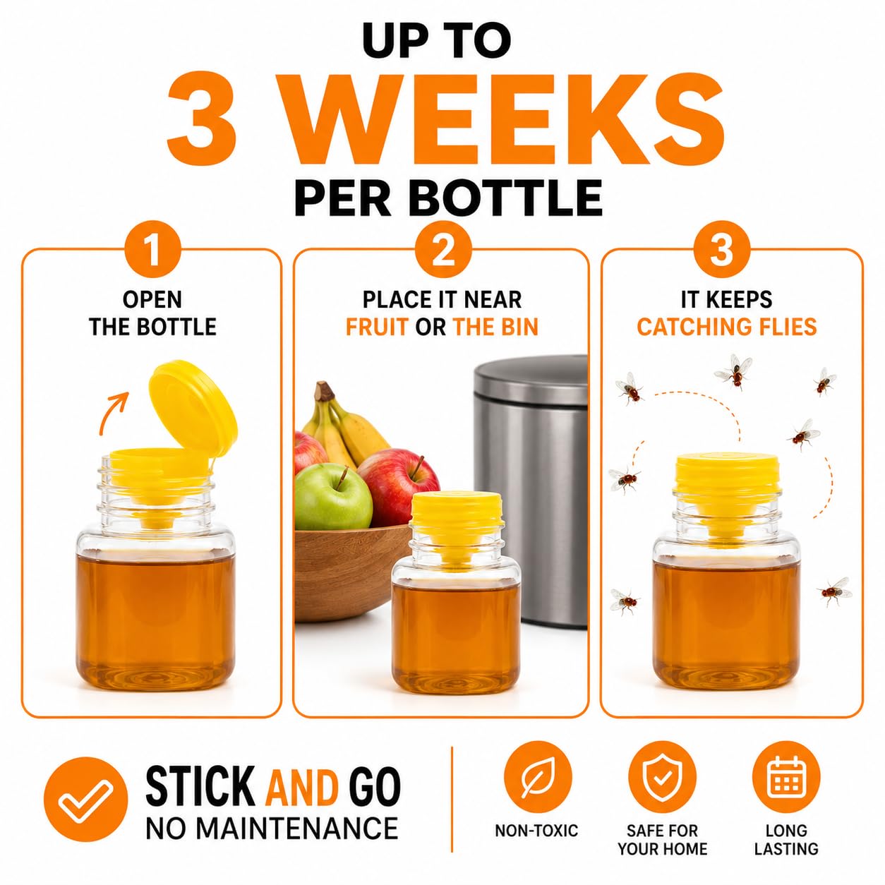 Alimos Fruit Fly Trap for Indoors, 2 Pack Fruit Fly Killer for Home and Kitchen, Natural Bait Fruit Fly Catcher, Up to 3 Weeks per Bottle, Child and Pet Friendly Indoor Fruit Fly Traps