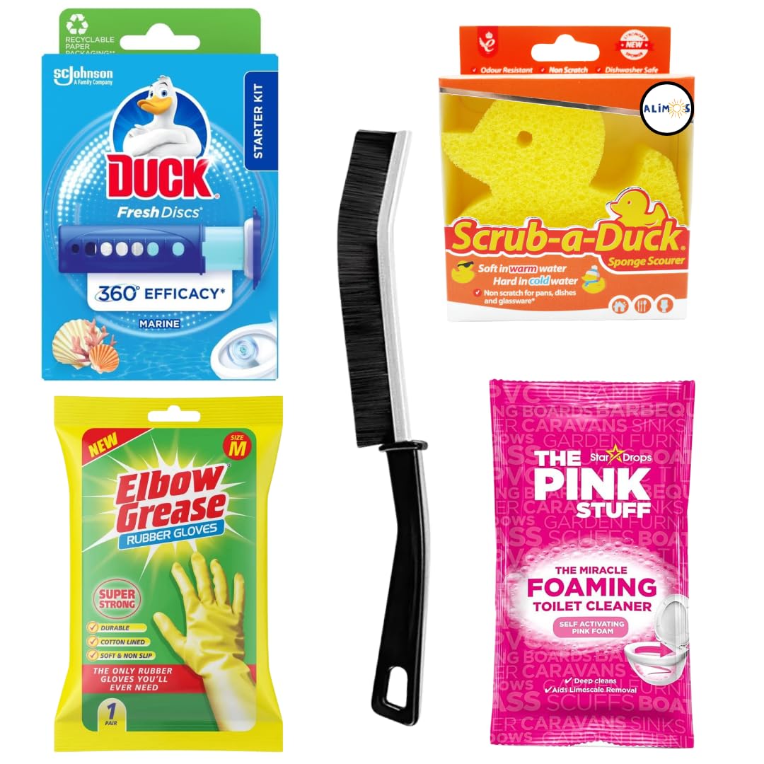 Duck Fresh Toilet Cleaning Discs Bundled With Alimos Crevice Brush,Pink Stuff Miracle Foaming Toilet Cleaner, Non-Scratch Sponge Scourer and Extra Strong Rubber Gloves