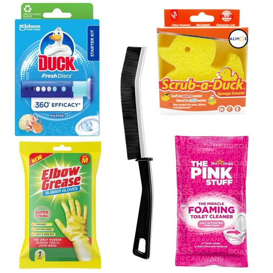 Duck Fresh Toilet Cleaning Discs Bundled With Alimos Crevice Brush,Pink Stuff Miracle Foaming Toilet Cleaner, Non-Scratch Sponge Scourer and Extra Strong Rubber Gloves