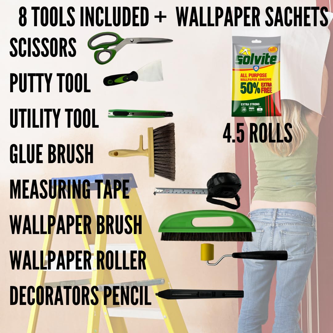 Tsekouri Wallpaper Paste Kit Set Includes 8 Piece Hanging Kit to Work with Solvite All Purpose Paste 4.5 Rolls with Paste Brush,Smoother,Seam Roller, Wall Paper Scraper Tool