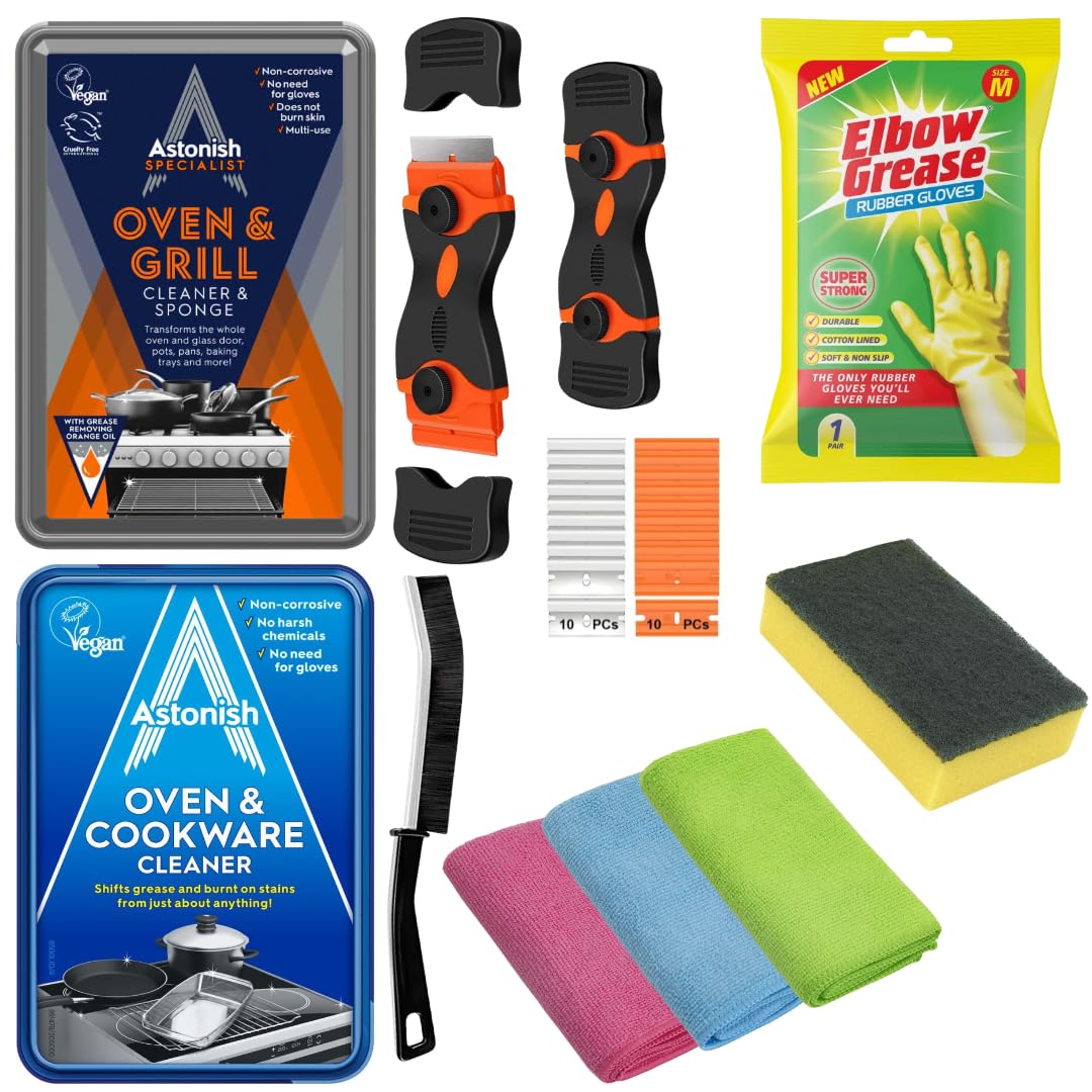 Alimos Oven Cleaning Kit – Oven & Grill Cleaner, Cookware Cleaner, 3 Microfibre Cloths, Non-Scratch Scraper, Cleaning Sponge, Extra Strong Rubber Gloves (M)