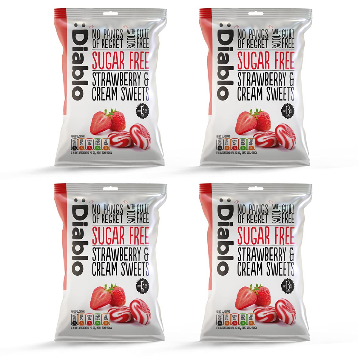 Diablo Sugar-Free Candy Strawberry & Cream, Healthy Sweets Sweetened with Maltitol, Sugar-Free Treats for All Occasions, Ideal for Gift Boxes, Mother’s Day & Father’s Day – 75g, Pack of 4