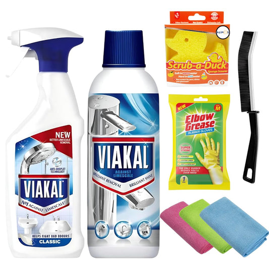 Limescale Remover Bundle - Spray 500ml & Cleaning Liquid 500ml with Crevice Detail Brush, Non-Scratch Scrub Sponge, Rubber Gloves & 3 Microfibre Cloths - Bathroom Taps Shower Tile Descaler Set