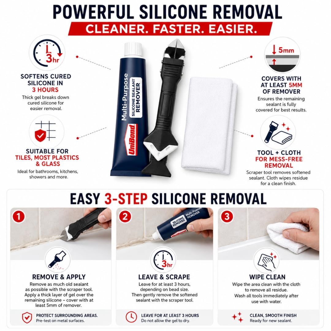 UniBond Silicone Sealant Remover 80ml Kit – Heavy-Duty Gel Tube with Silicone Removal Tool & White Cloth – Removes Old Sealant from Baths, Tiles, Kitchens, Sinks & Toilets (3-Piece Bundle)