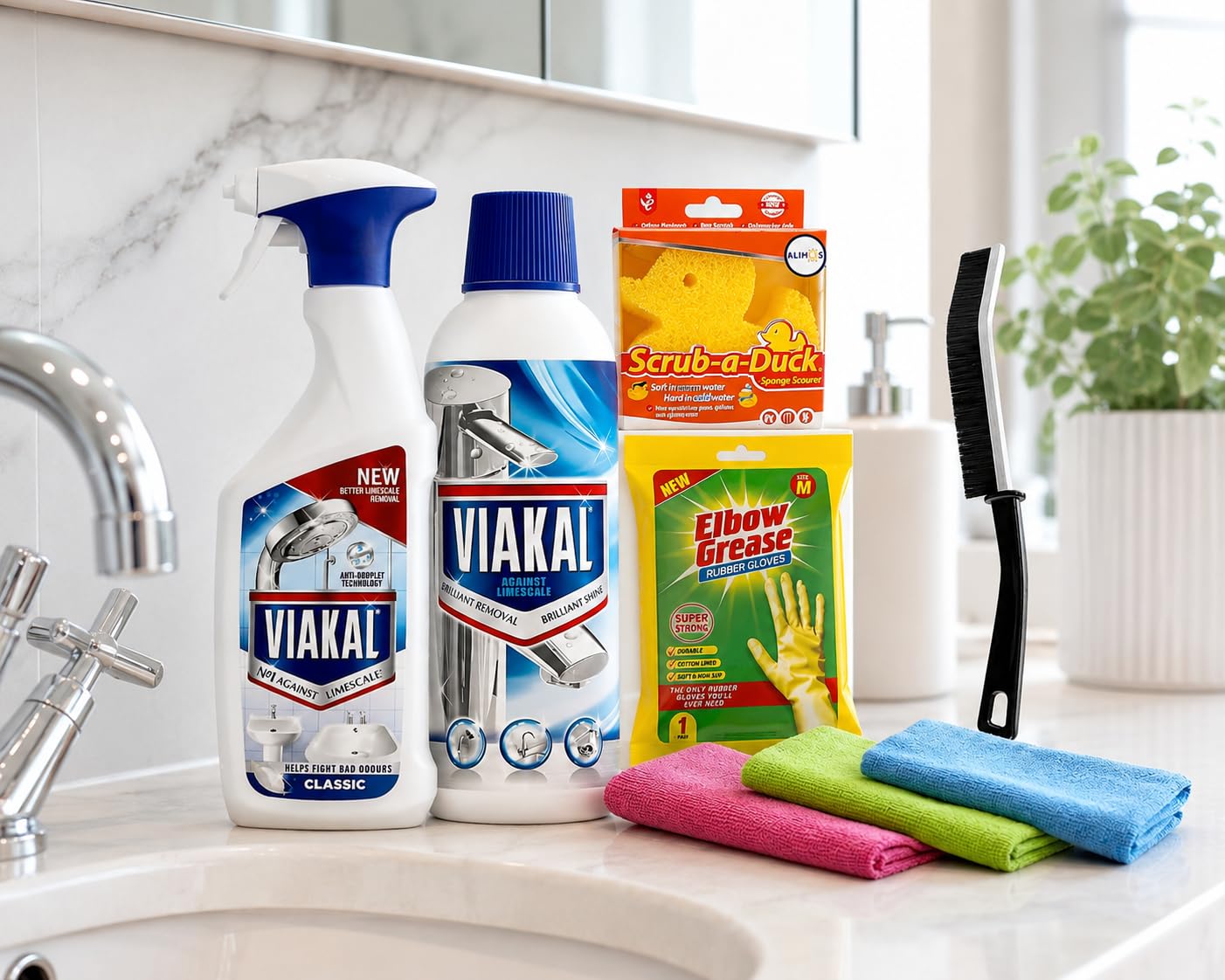 Limescale Remover Bundle - Spray 500ml & Cleaning Liquid 500ml with Crevice Detail Brush, Non-Scratch Scrub Sponge, Rubber Gloves & 3 Microfibre Cloths - Bathroom Taps Shower Tile Descaler Set