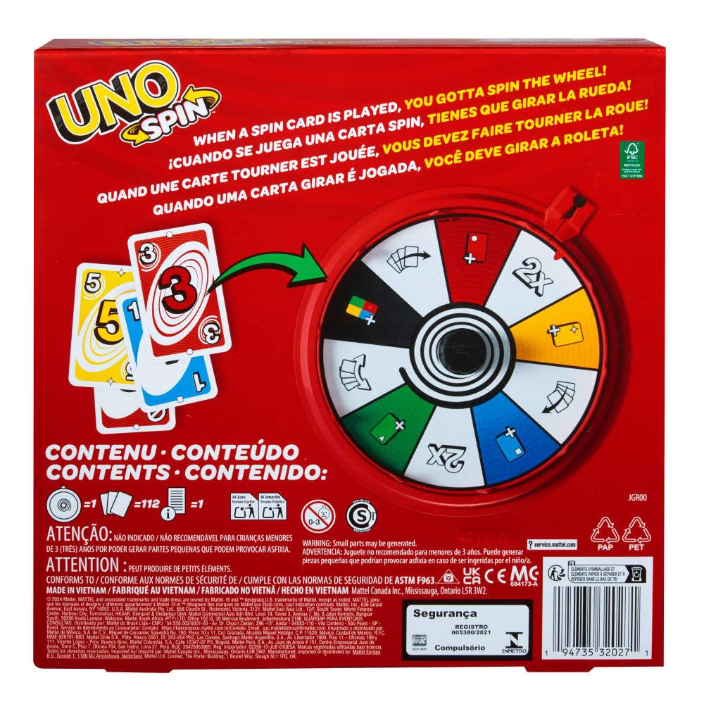 Mattel Games UNO Spin Card Game for Kid, Adult & Family Nights, Classic Play with Toy Spinner, New Challenges & Rules, Rainy Day Activity, JGR00