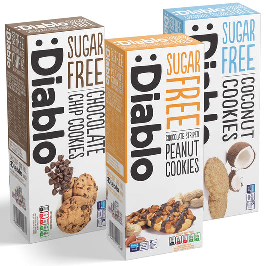 Diablo Sugar-Free Cookies – Mixed Flavours No Sugar Cookies Luxury Biscuits, Healthy Crunchy Snacks Gift Box for Adults, Kids and Families – Coconut, Peanuts, Chocolate Chip, Pack of 3