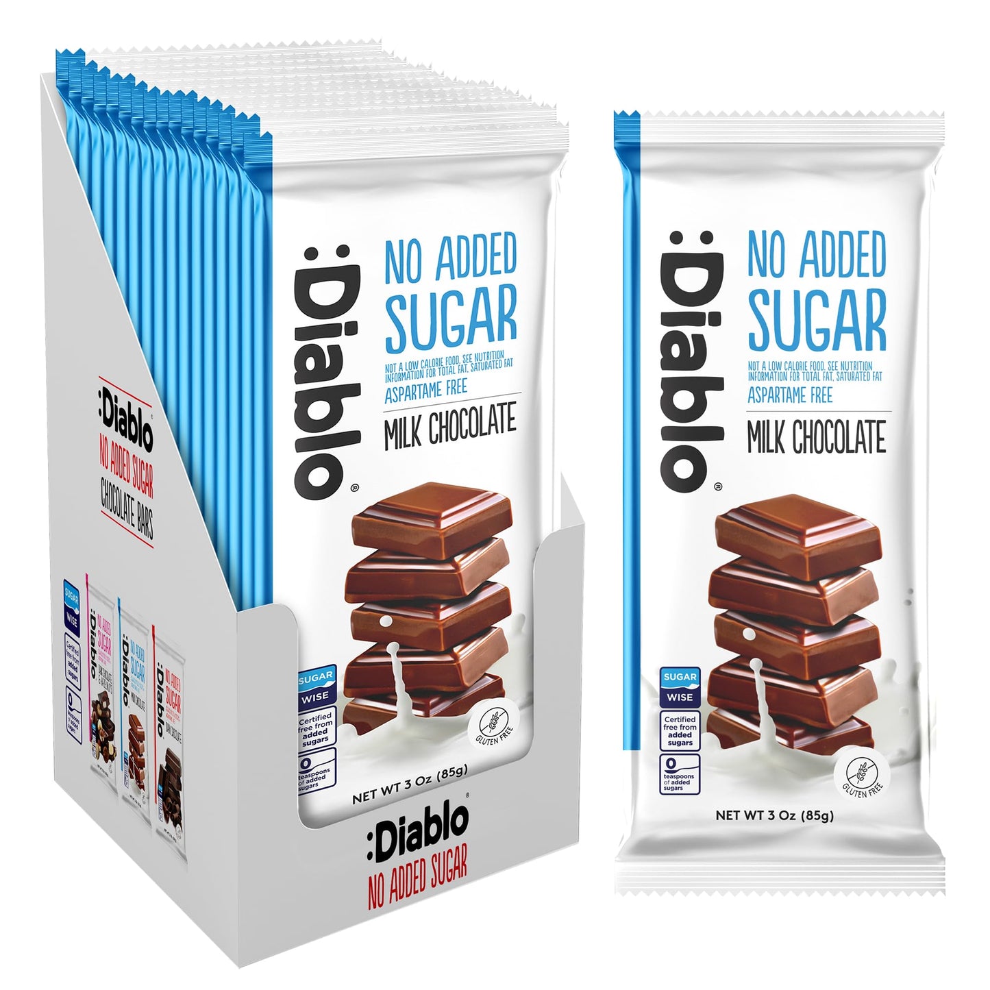 Diablo Milk Chocolate - Maltitol Sweetened, Gluten Free No Added Sugar Chocolate Bar - Hamper Available, Celebrate any Occasion, Birthdays, Valentines, Anniversary, Perfect for Gifting - 85g - 15 Pack
