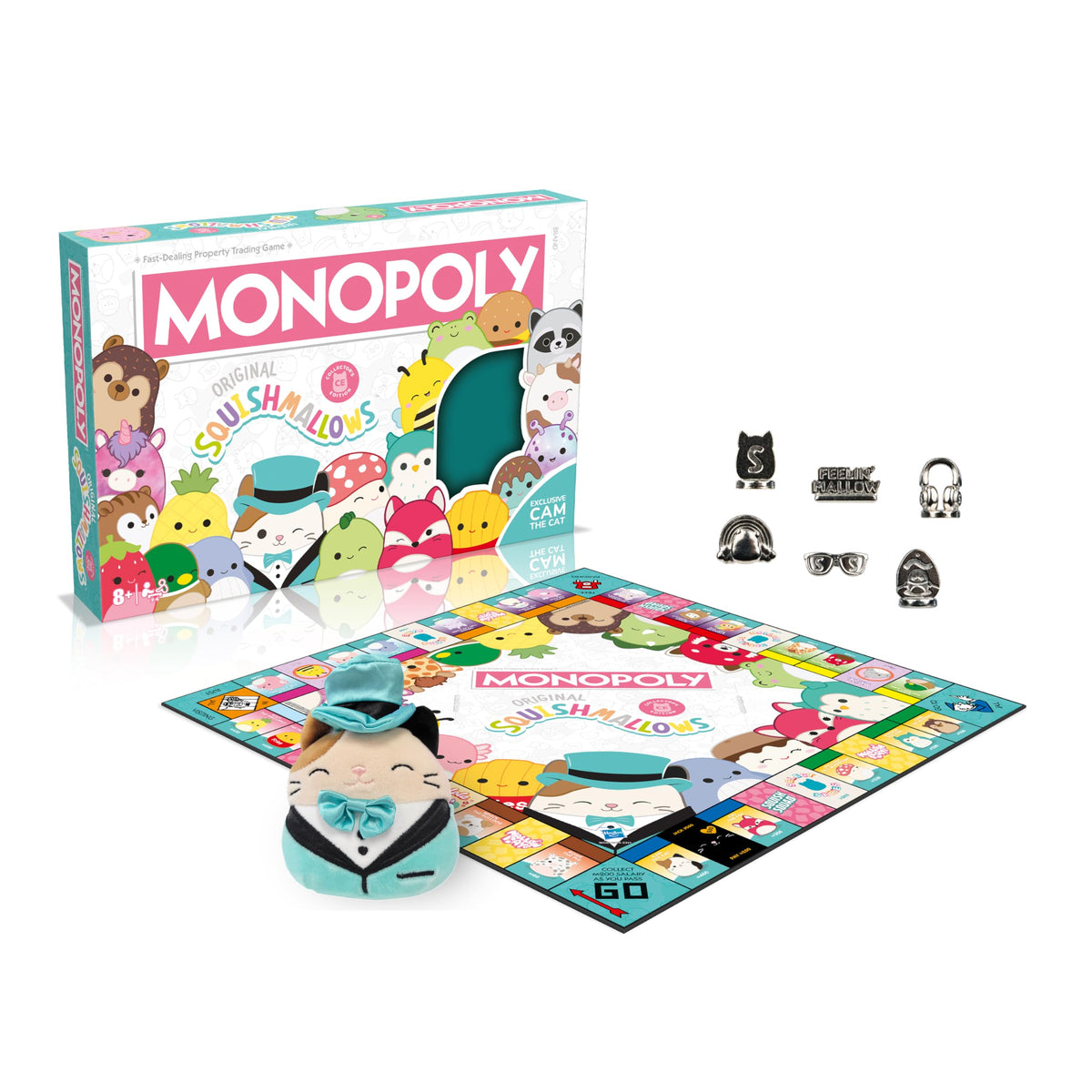 Winning Moves Squishmallows Monopoly Board Game Collectors Edition, Play with Fifi the Fox, Rosie the pig and Brock Bulldog, exclusive 4 Inch Cam the Cat plush, gift for ages 8 plus (WM04179-EN1-6)