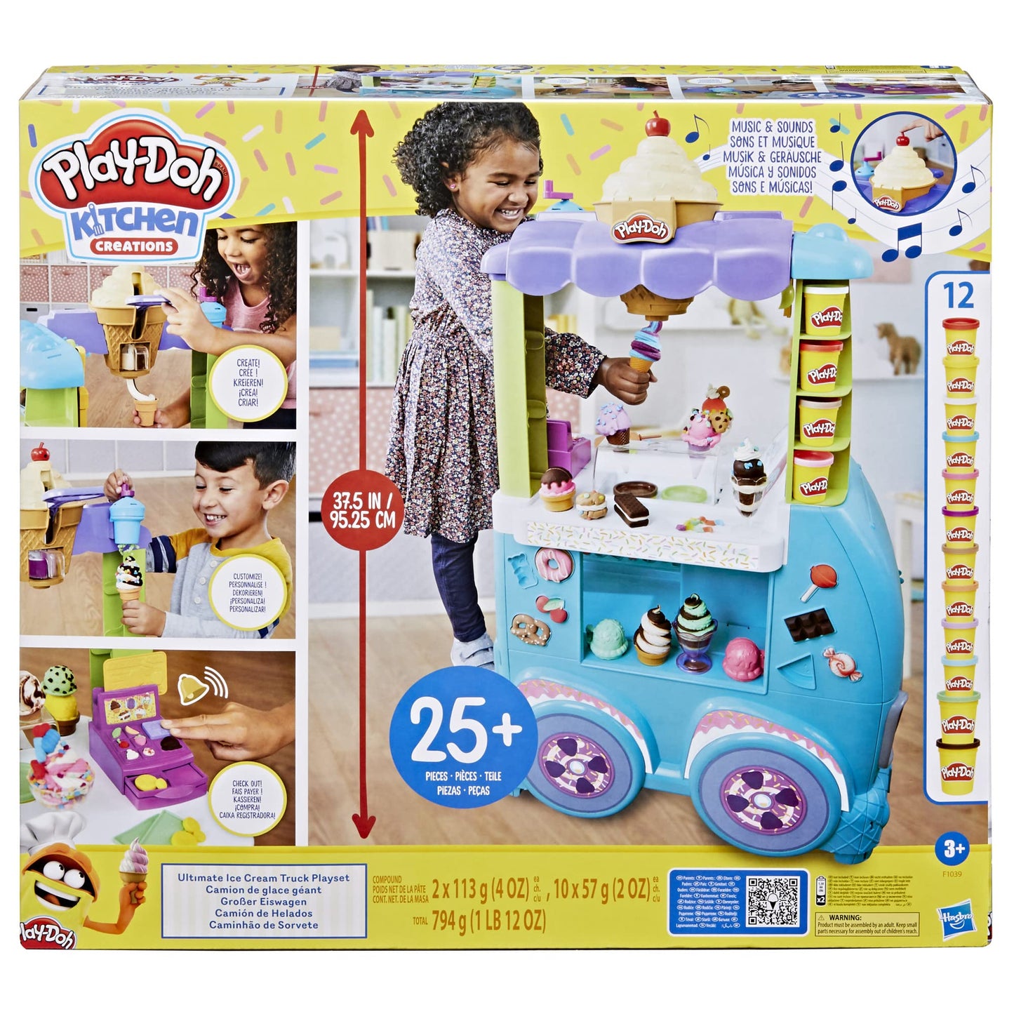 Play-Doh Kitchen Creations Ultimate Ice Cream Truck Playset with 27 Accessories, 12 Pots, Realistic Sounds, Multicolor, 203.2 x 635 x 558.8 mim