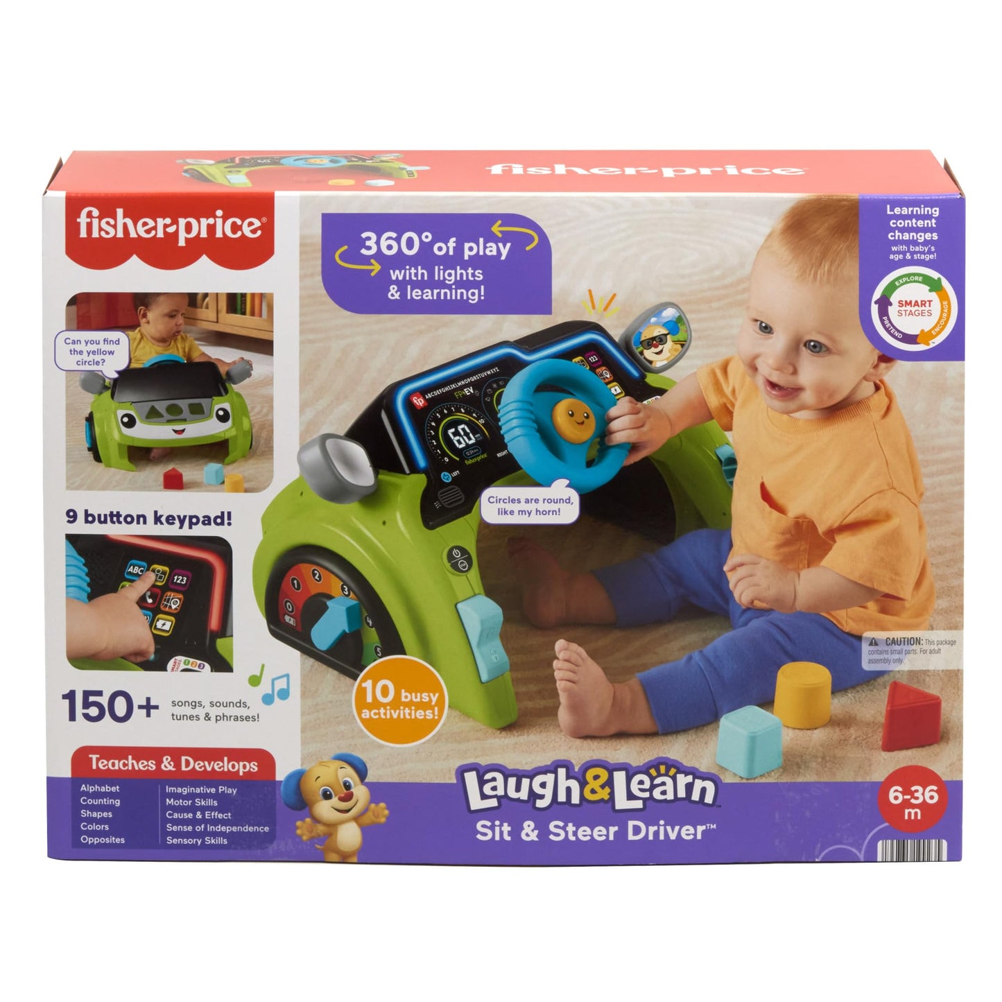 Fisher-Price Baby & Toddler Learning Toy Laugh & Learn Sit & Steer Driver Car Activity Center with Smart Stages for Ages 6+ Months, HTW88