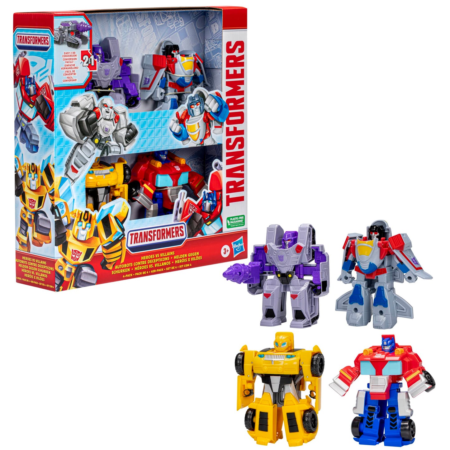 Transformers Toys Heroes vs Villains 4-Pack, Autobot and Decepticon 11-cm Action Figures, Preschool Robot Toys for Children Aged 3 and Up