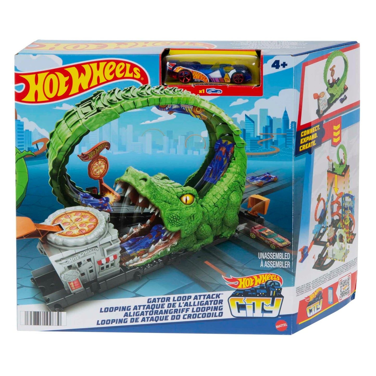 Hot Wheels Track Set with 1 Hot Wheels Car, Adjustable Track that Connects to Other Sets, Gator Loop Pizza Place Playset, HKX39